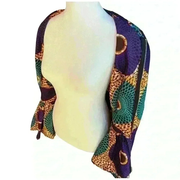 NWT Shenbolen African print dashiki cloth zip up long sleeve peplum blouse S - Picture 5 of 8